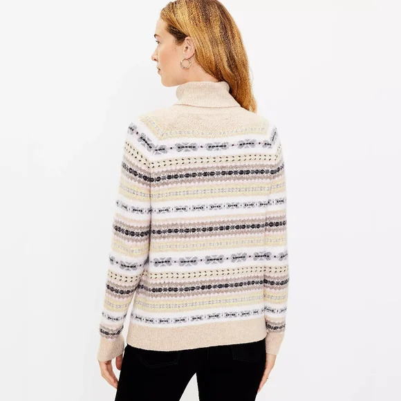 LOFT Striped Neutral Beige Fair Isle Turtleneck Sweater Women's Size Large L - Picture 2 of 12